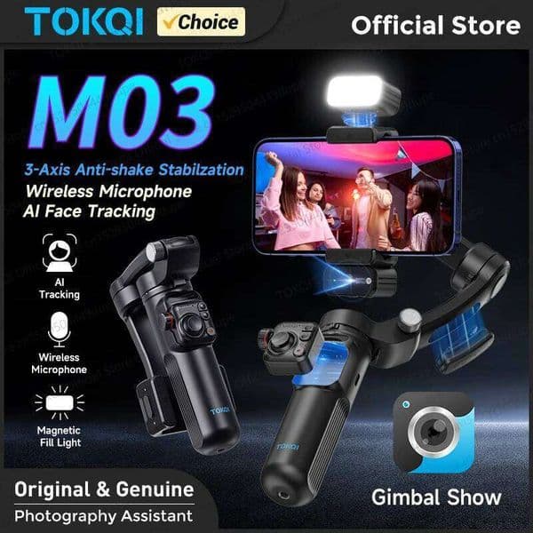 Handheld Gimbal 3-Axis AI Tracking Stabilizer Wireless Microphone for Smartphones Shooting Vlog, with Fill Light