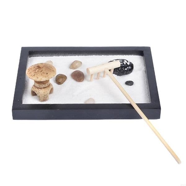 Japanese Zen Garden for Desk 6x4 Inches Large Tray White Sand River Rocks Pebbles Rake Tools Set Office Table Accessory