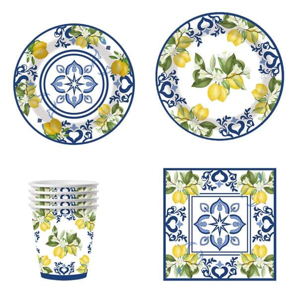 New Blue and White Porcelain Lemon Party Disposable Tableware Sets Paper Plates Cups Napkins Mother's Day Party Dinnerware Decor