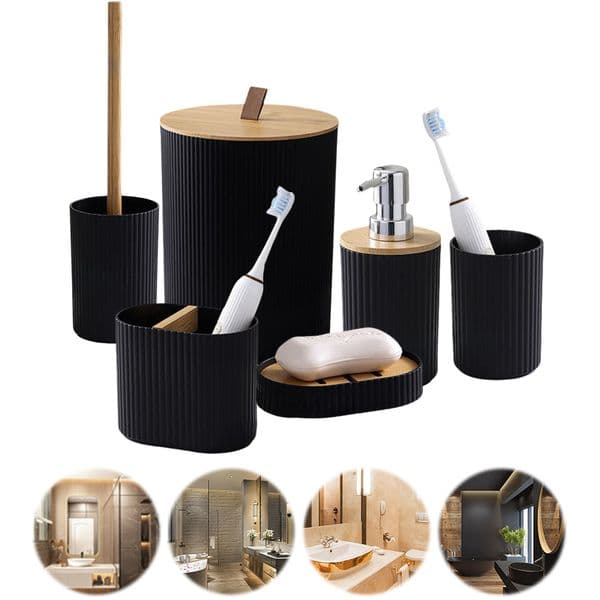 6PC Bathroom Accessories Set Bamboo Black Bathroom Set with Trash Can Toothbrush Holder Cup Soap Dispenser Toilet Brush