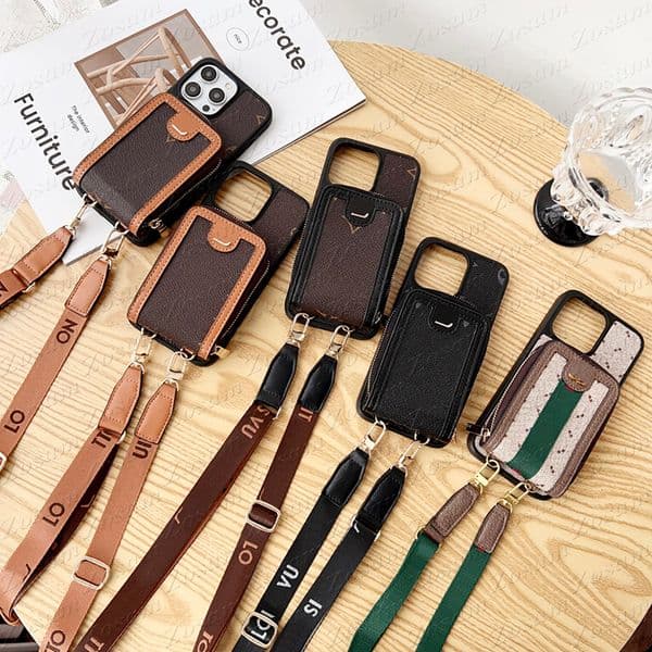 Designer Zipper Card Pocket Phone Case for iPhone 17 16 Pro Max 15 14 Plus 13 12 11 Leather Portable Storage Bag Shoulder Strap Style Cover Samsung S25 S24 S23 S22 Ultra