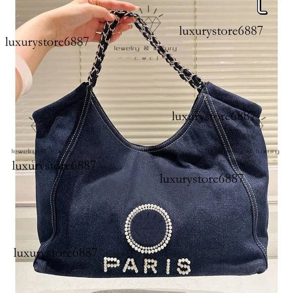 Women Vintage Large Denim Tote Designer Bag White Thread Pearl Beads Letters Pattern Sier Matelasse Chain Blue Shoulder Handbag With Zipper Purse Sacoche 38cm