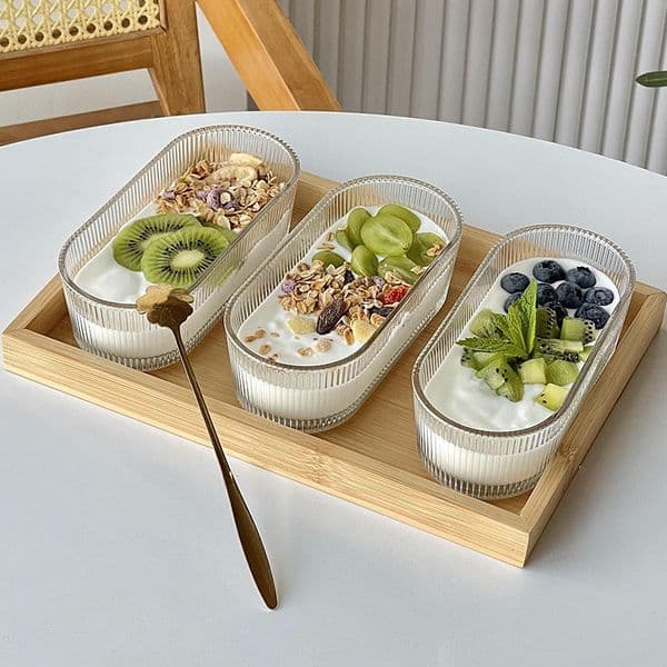 1pc Glass Bowl with Bamboo Wood Lid Oats Yogurts Food Container Fruit Salad Bowl Home Party Appetizer Serving Dish