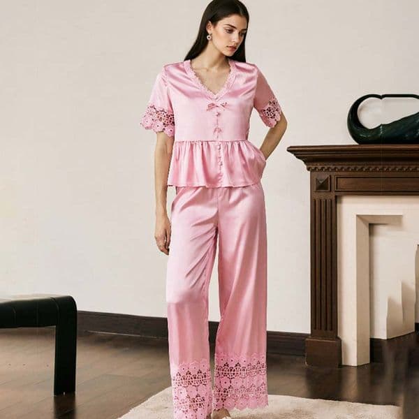 New Women's Spring/Summer Silk Color Lace Short Sleeve Long Pants Nightwear Set Homewear