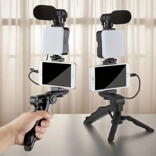 Smartphone Vlogging Kit with Tripod Phone Holder Mini Microphone LED Fill Light Starter for TikTok Live Stream Video YouTube