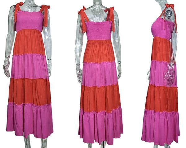 (323) Summer new commuting splicing ruffled sleeveless temperament suspender dress long skirt for women