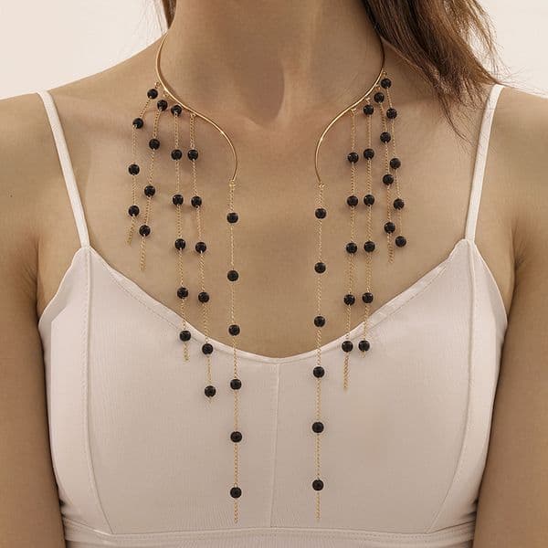 Statement Jewelry Exaggerated Sexy Long Black Tassel Ethnic Style Choker Open Imitation Pearl Necklace