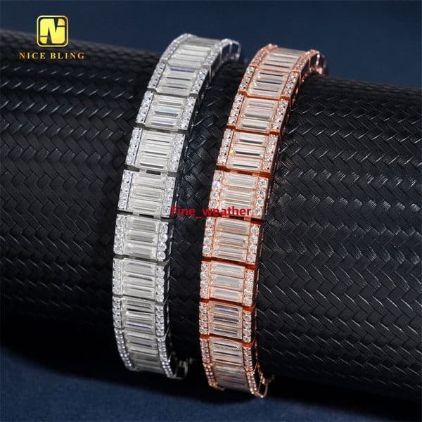 New Baguette Cut Moissanite Diamond Tennis Chain 9.3MM Cuban Necklace 925 Silver Hip Hop Iced Out Moissanite Tennis Necklace