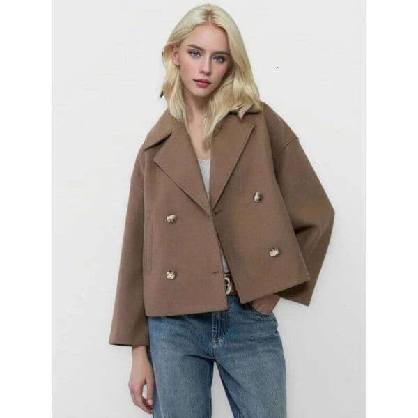 hoodie Fashionable Short Woolen Coat Autumn New Style Women's Clothing Double Row Button Turn-down Collar Commuter Cotton Blend Outerwe jacket