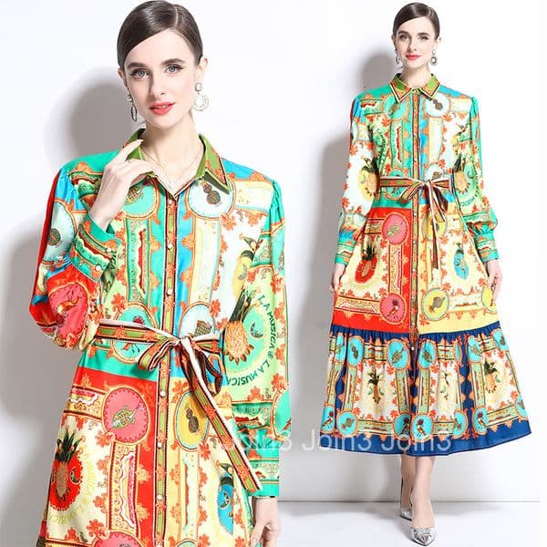 1237 Spring and Autumn New Cotton and Hemp Collar Lantern Sleeve Printed Dress Long Dress