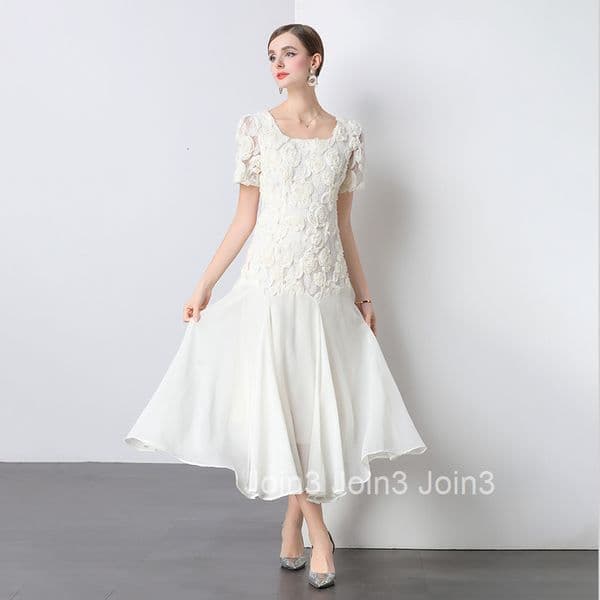 7153 European Heavy Lace 3D Flower Square Neck Dress for Women Summer New Fashionable Bodycon Mesh Long Dress