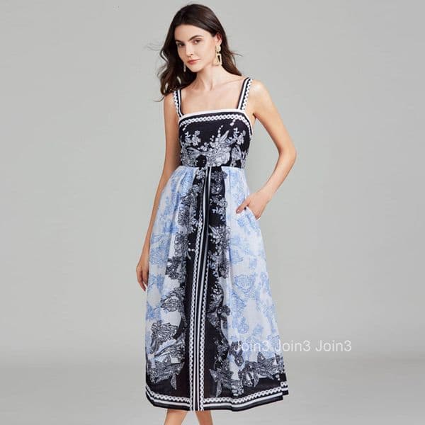 670 Summer New Womens Style Printed Sexy Strap Long A-line Large Swing Dress