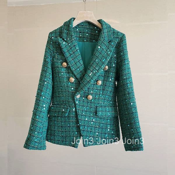 Autumn Winter New French Fashion Sequin Slim Fit Designs Style Blazer for Women with Gold Buttons for Petite Figures Double Breasted Red Book
