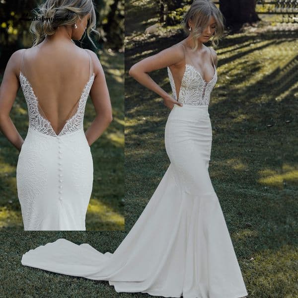 Sexy Plunging V Neck Sleeveless Lace Stretch Crepe Wedding Dresses Open Back Bridal Gowns Bridal Gown Custom Made Color/Size