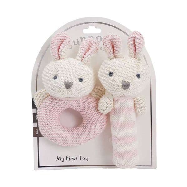 Sunnozy Knitted Bunny - Themed Soft Rattle Ring Toy Set - Ideal for Baby's Early Development