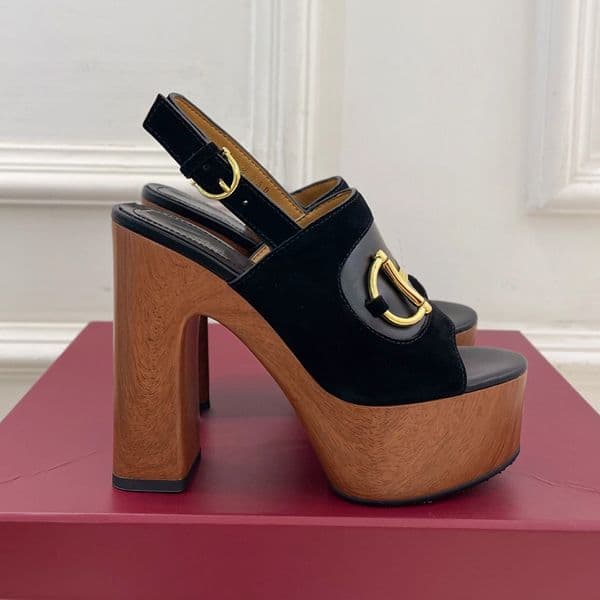 luxury off-white printing leather buckle platform chunky heel sandal Designer classics wooden soled patent leather high-heeled Women outdoor recreation Strap heel