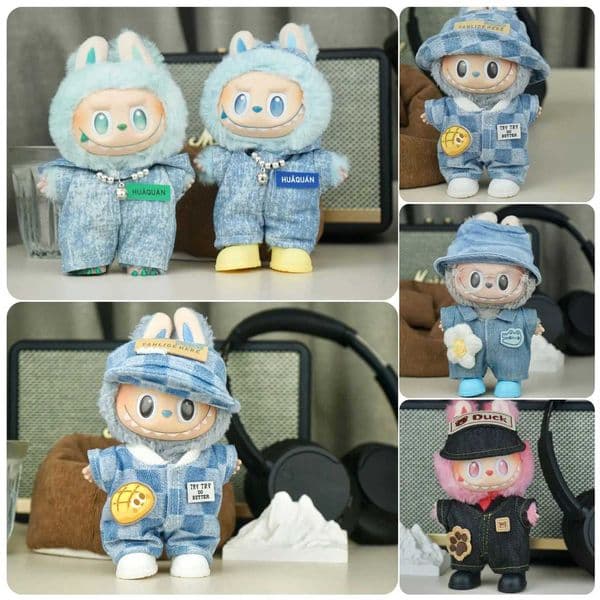 17cm Labubu Mini Doll Clothing Striped Denim Shirt Checkerboard Set 3.0 Labubu Idol Clothes Outfit Necklace Hat Accessories X250723