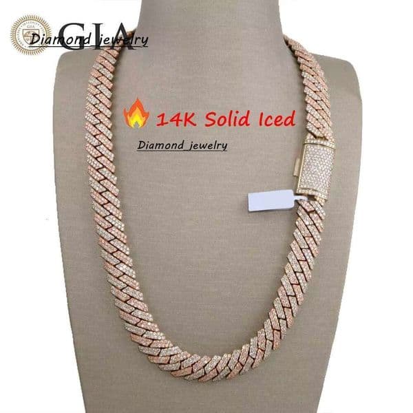 Hip Hop Jewelry 14Mm Real 14K Gold Fork Inlay Vs. Natural Chilled Cuban Chain Necklace And Bracelet