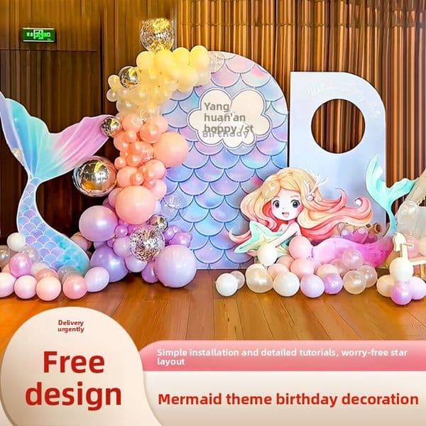 Mermaid Theme First Birthday Decoration Scene Balloons KT Board Poster Princess Girl Party Background Wall