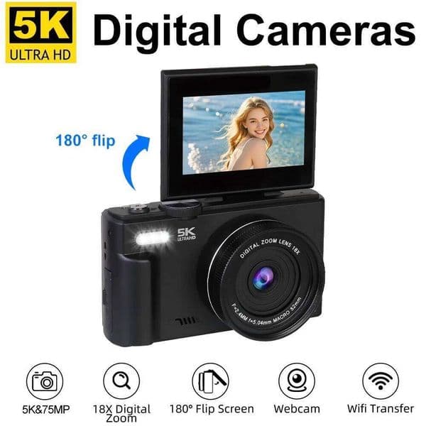5K Photography 18X Digital Zoom 75Mp Compact Vlog Camera With 3 Inch 180° Flip Screen Flash Wifi Webcam