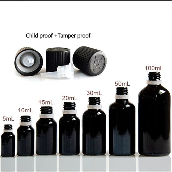 Aromatherapy Glass Bottle 5ml 10ml 30ml 50ml Black Essential Oil Bottle With Orifice Reducer and Child Proof Tamper-Evident Cap