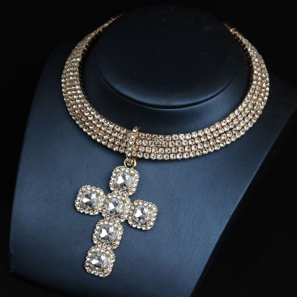 Free Shipping 2025 New Designer Accessories Personality Rhinestone Cross Pendant Choker Exaggerated Necklace Women's Hip-hop Accessories