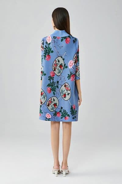 (38) One-piece dress, mid-length, spring and summer, Miyake half-high collar, pleated loose mother's dress