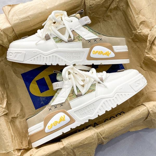 mens breathable mesh outdoor board with thick sole and toe cover canvas half slippers sandals casual shoes