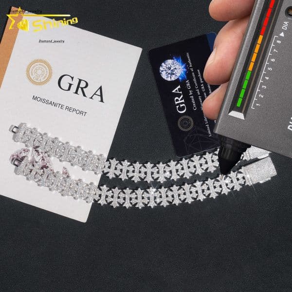 Pass Diamond Tester New Design 925 Sterling Silver 16MM Cross VVS Moissanite Cuban Link Chain Bracelet