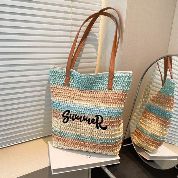Free Shipping Designer Luxury Handmade Woven Handbag, Large Capacity Commuting Bucket Bag, Rainbow Color Block Single Shoulder Armpit Bag, Casual Shopping Bag