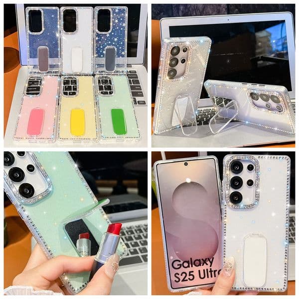 A17 Bling Diamond Mirror Holder Cases For Iphone 17 Air 16E 16 Pro Max 15 14 13 Samsung A07 S25 Ultra S24 Plus A16 A26 A36 A56 Shinny Glitter Star Soft IMD TPU
