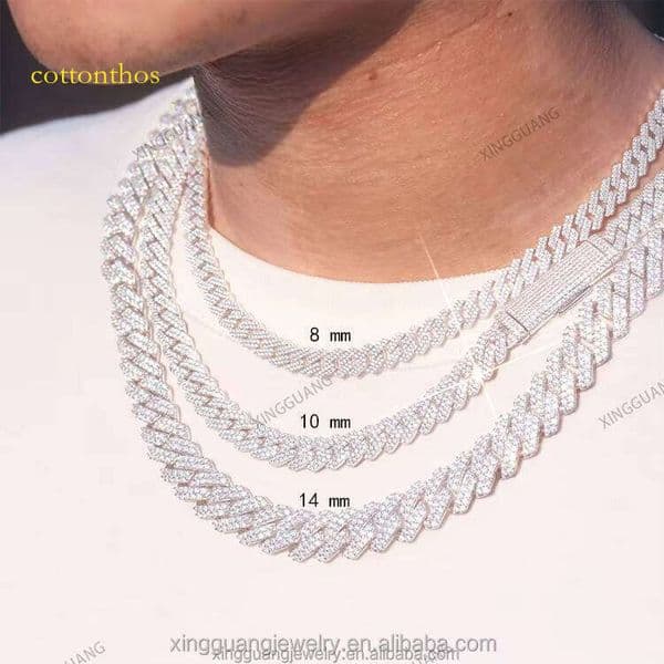 Xingguang Jewelry VVS Mossanite 2rows 12mm S Sier Dia Necklace Man Moissanite Hiphop Cuban Link Chain