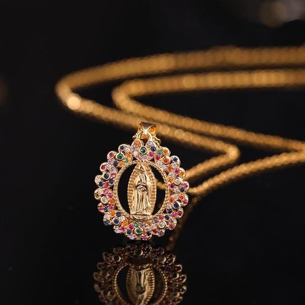 HOT Fashion Virgin Mary Necklace with Inlaid s, Colorful Zircon, Gold Chain Jewelry, Hip Hop Pendant