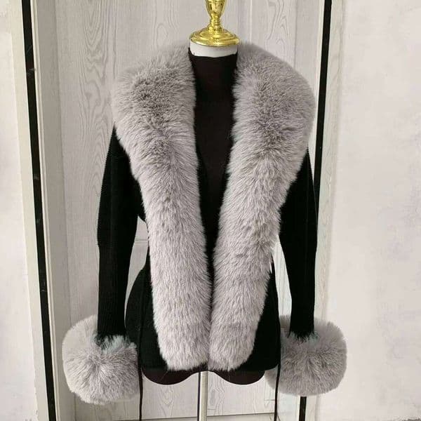 LHXDW Women faux fur knitted cardigan with fox whole fur collar Autumn-winter luxury faux fox fur cardigan fashion sexy artificial fur