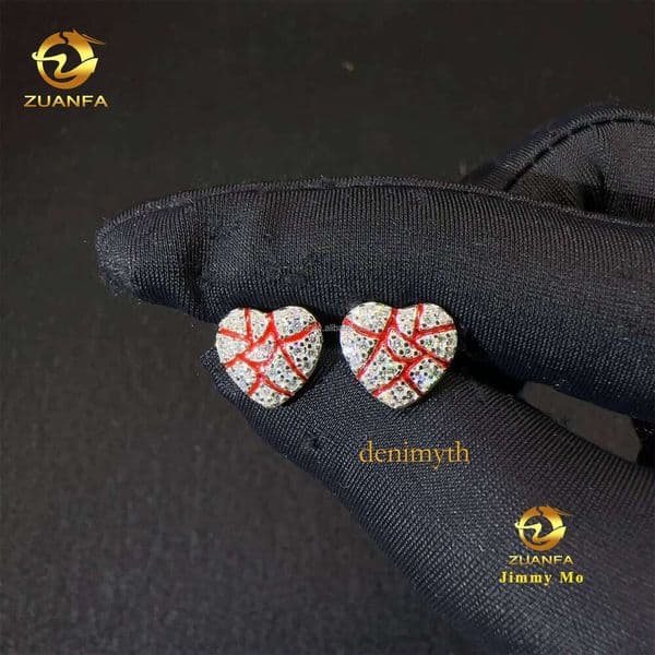 Water Drop Shipment Iced Out Hip Hop Sier White Gold Plated Screw Back Silicone Stone Stud Heart Earrings Men