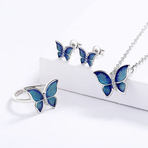 New Japanese and Korean Sweet Fresh Creative Enamel Butterfly Wing Earrings Three-Piece Jewelry Set for Women