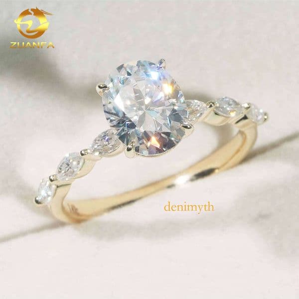 Unique 14k Yellow Gold GRA Wedding Bridal Jewelry Gorgeous Claw Setting 2ct Oval+Marquise FL Moissanite Dia Engagement Ring