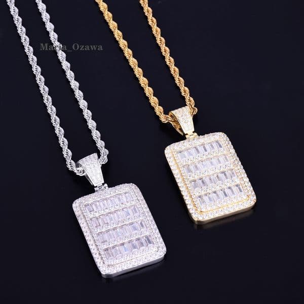 New Arrival 18K Gold Silver Moissanite Dog Tags Square Pendant with Full Diamond Baguette Stone Hip Hop Style Necklace