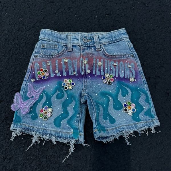 Shorts Tassel Flame shorts Print Pattern Rhinestone Butterfly Decoration Loose Denim Retro American Street Men Women Fashion Jeans Home Casual Men's Clothing