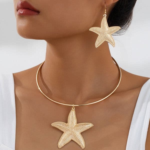 Beach resort style starfish pendant earrings necklace set for women, exaggerated fashionable trend collarbone chain