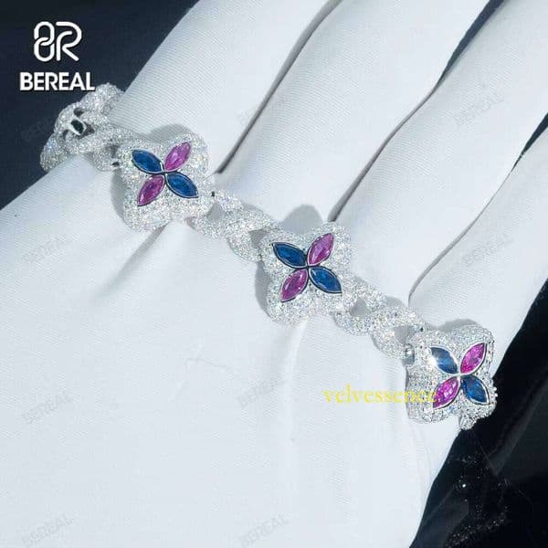 Vvs Iced Out Moissanite Blue Flower Baguette Cuban Chain Hip-Hop Bracelet Gold and Sier Premium Jewelry for Men
