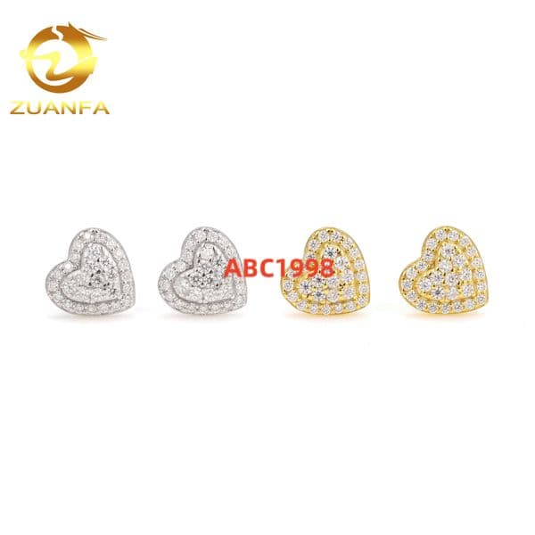 10mm Fashion Heart Shape Stud Earrings Cluster Moissanite Diamond 925 Sterling Silver Hip Hop Earrings Screw Back Men Earrings