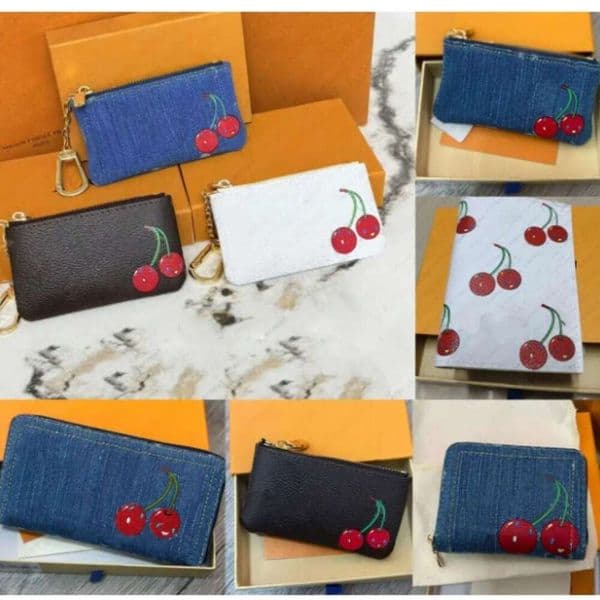 MURAKAMI womens designer cherry blossom leather wallet pink zipper card purse small Credit Keychain