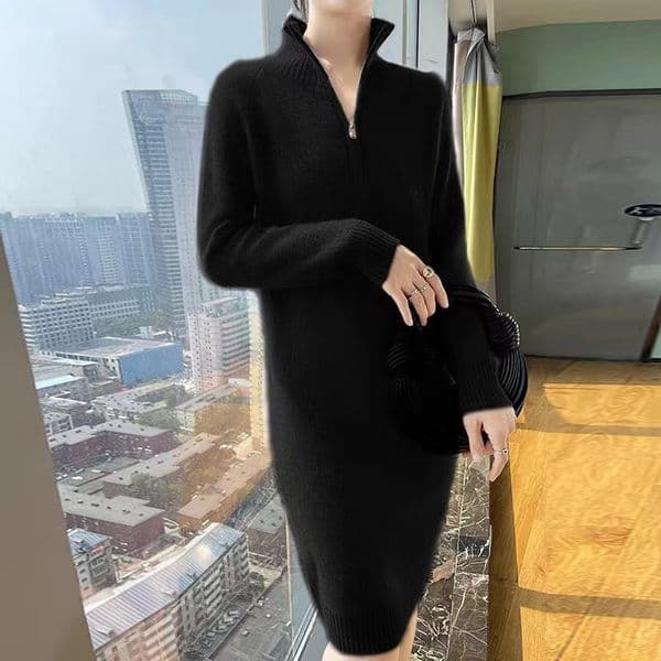 (353) Zipper autumn and winter new slim long knitted dress lazy design versatile loose sweater women