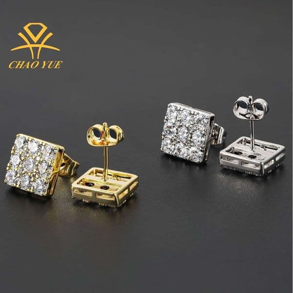 Hot Selling Copper Inlaid Zircon Princess Square High-end Unisex Hip-hop Earrings Accessories