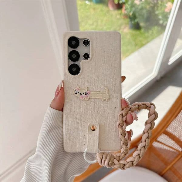 Weave Wrist Strap Cartoon Shockproof Phone Case for Samsung Ultra Galaxy S25 S24 S23 Cowboy Leather Protective Cover