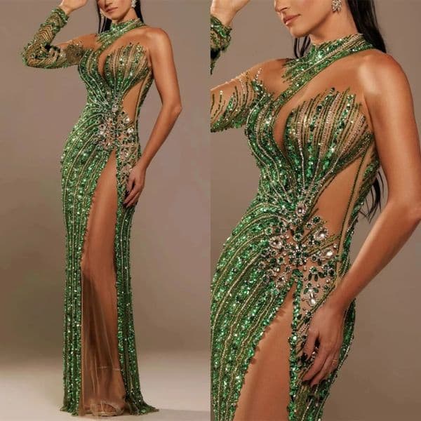 Sparkly Evening Dresses High Collar One Shoulder Gown Sequins Crystal Pleated See Through Sweep Train Dress Party Customized Dress