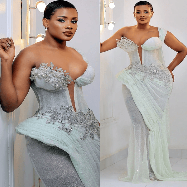 Mint Mermaid Prom Dresses Crystals Sequined One Shoulder Evening Formal Party Second Birthday Engagement Gowns Plus Size Dress For Special Occasions