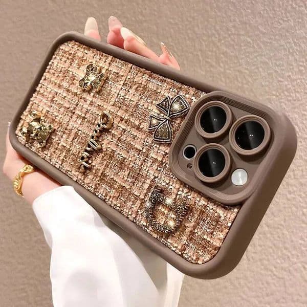 Luxury metal bear pattern silicone phone case for iPhone 11 12 13 14 15 8 7 XS XR Pro Max Plus shockproof cloth soft cover woman