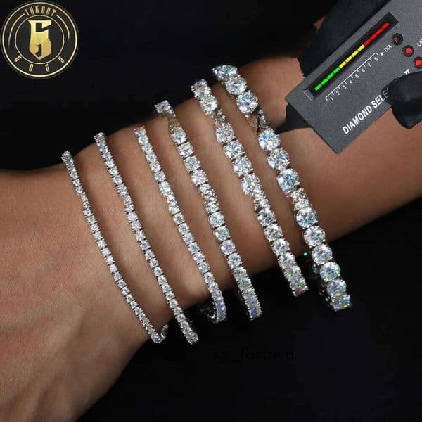 Fine Hip Hop Jewelry White Gold Plated 925 Sterling Silver VVS Moissanite Diamond Iced Out Tennis Chain Bracelet for Men Women